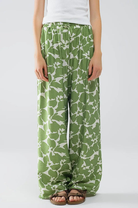 Pantalon à taille élastiquée avec imprimé floral vert - Pantalons