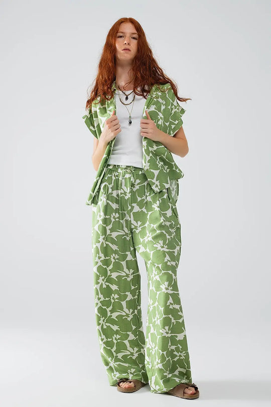 Pantalon à taille élastiquée avec imprimé floral vert - Pantalons