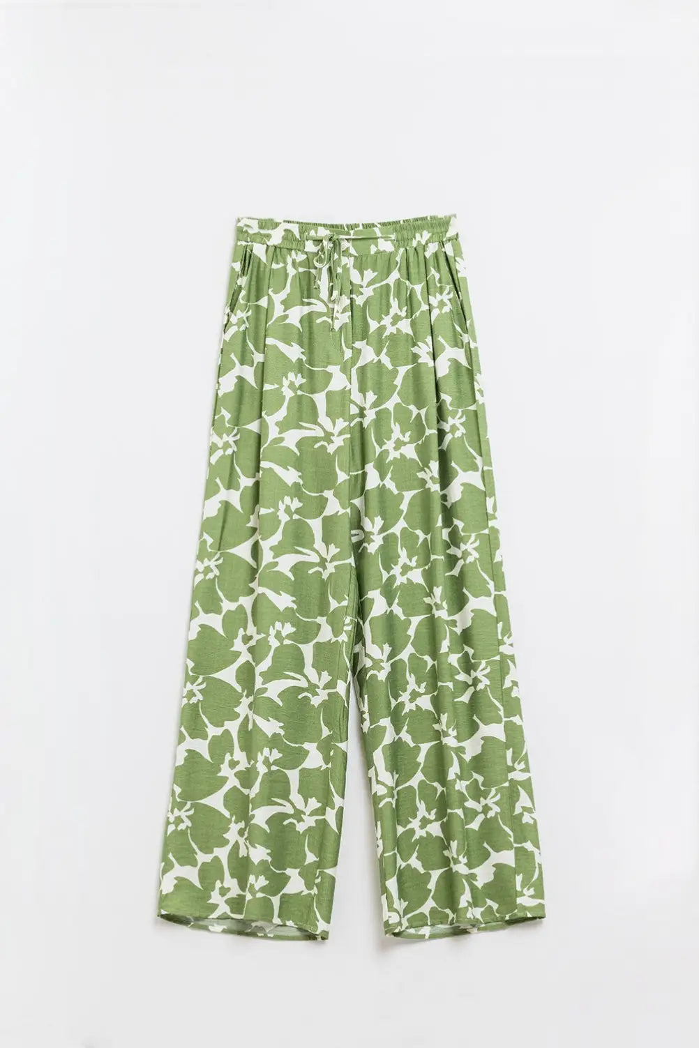 Pantalon à taille élastiquée avec imprimé floral vert - Pantalons
