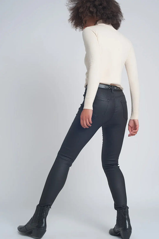 Pantalon ajusté en similicuir Noir - Pantalons