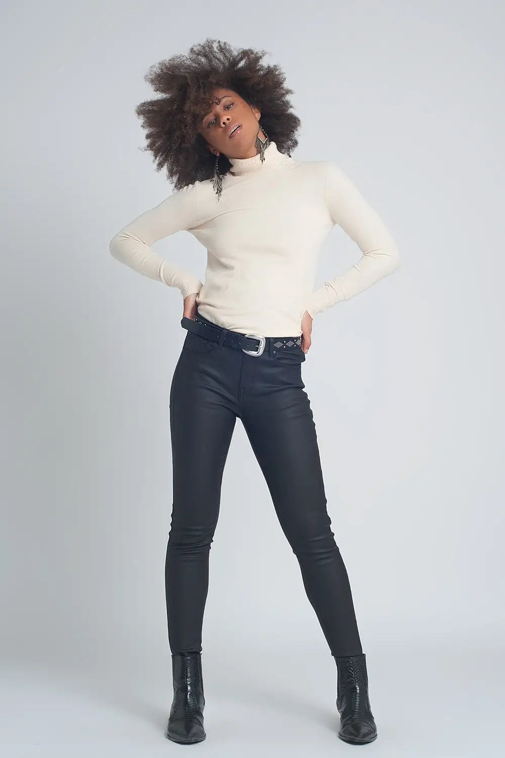 Pantalon ajusté en similicuir Noir - Pantalons
