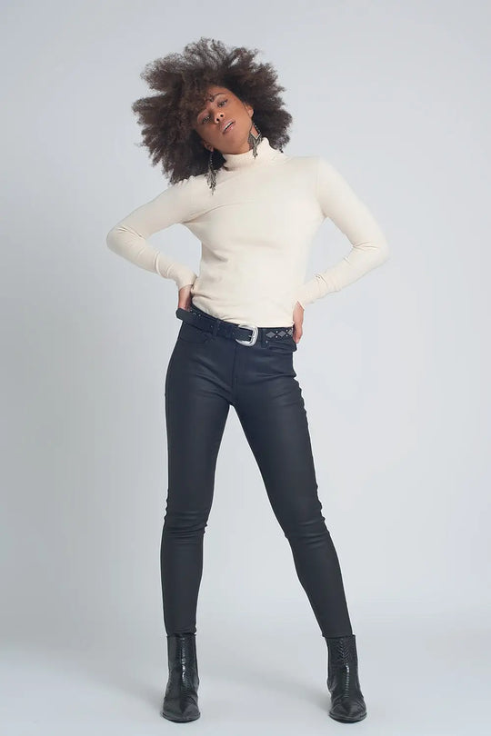 Pantalon ajusté en similicuir Noir - Pantalons