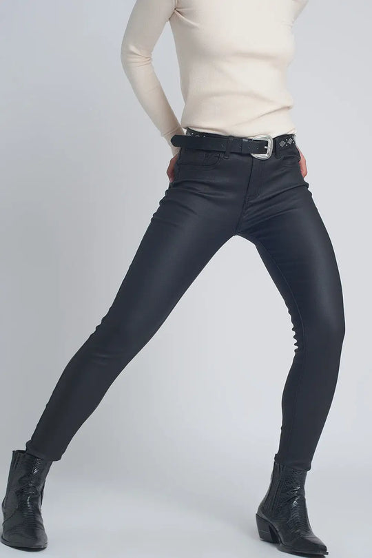 Pantalon ajusté en similicuir Noir - Pantalons
