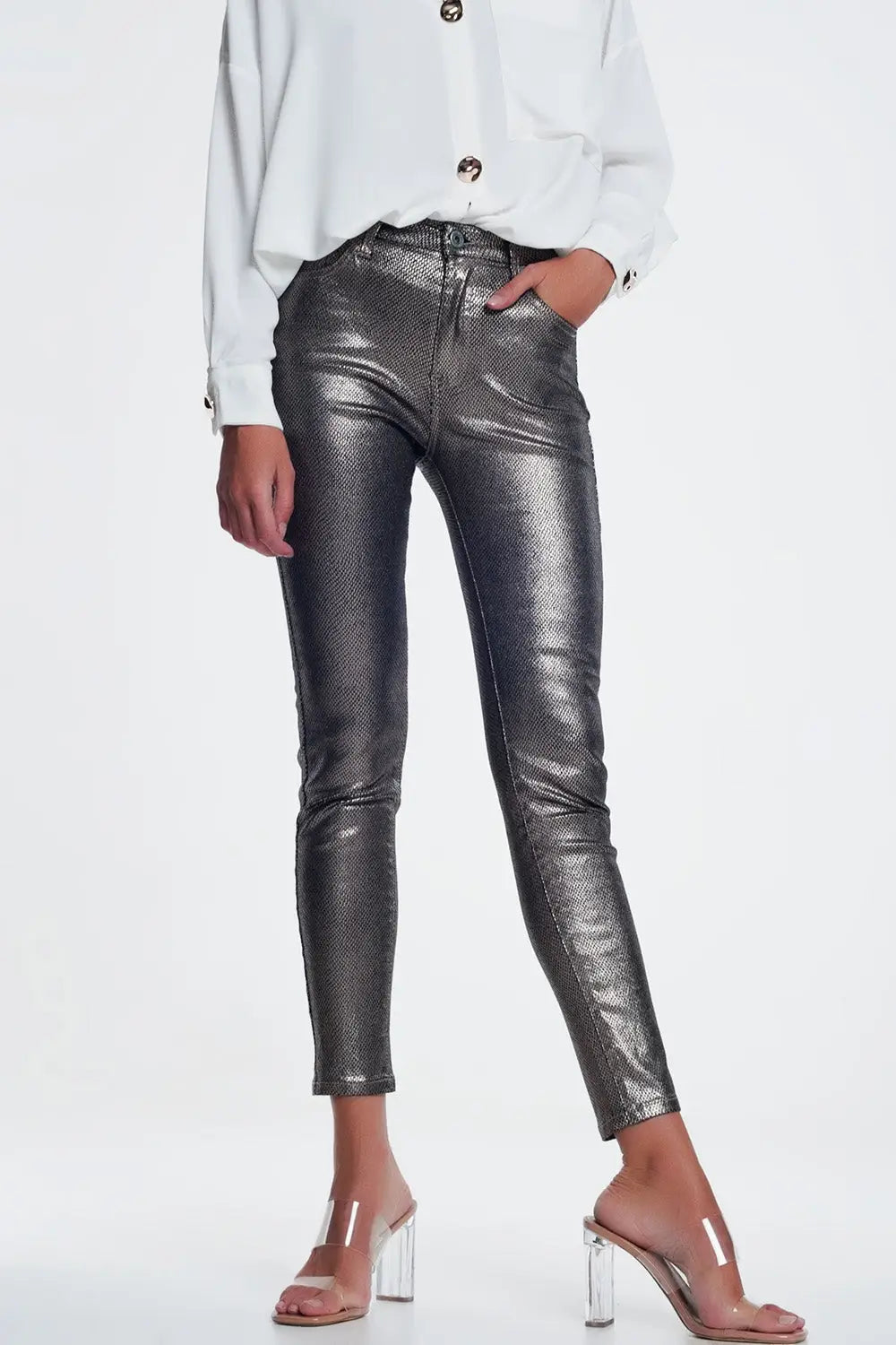 Q2 Pantalon argenté avec imprimé serpent