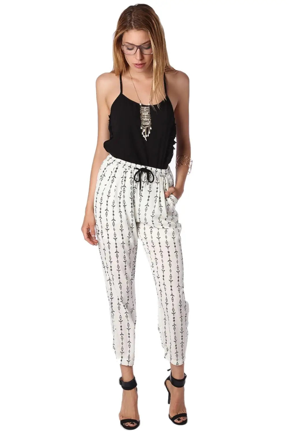 Pantalon cremé à imprimé aztèque contrastant - Pantalons