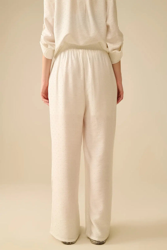 Pantalon blanc léger à jambes larges avec détails en strass - Pantalons