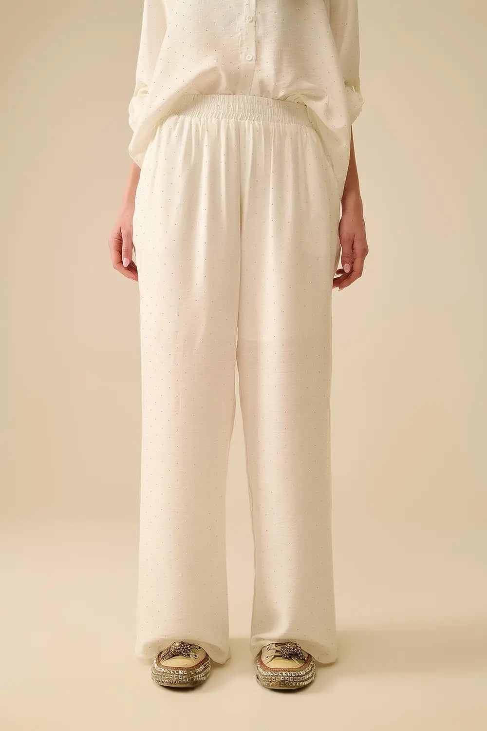 Q2 Pantalon blanc léger à jambes larges avec détails en strass