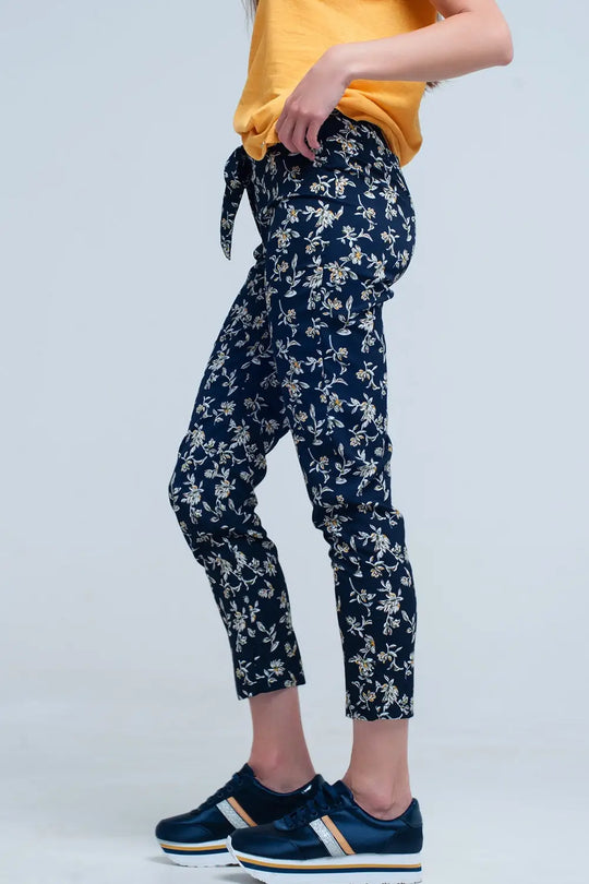 pantalon bleu Imprimé flora avec une ceinture - Pantalons