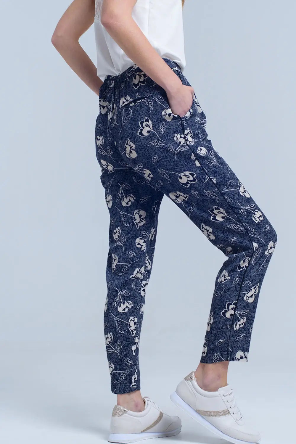 Pantalon bleu marine à imprimé floral - Pantalons