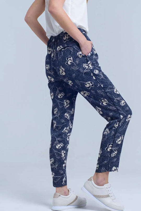 Pantalon bleu marine à imprimé floral - Pantalons