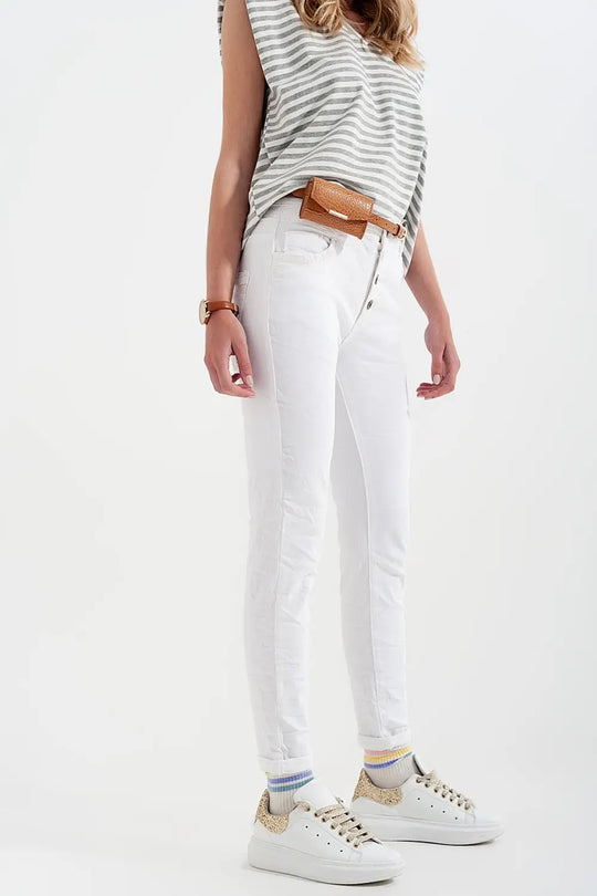 Pantalon boyfriend blanc avec le détail de poche de sequin - Pantalons