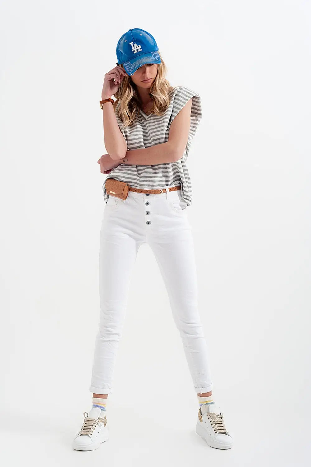 Pantalon boyfriend blanc avec le détail de poche de sequin - Pantalons