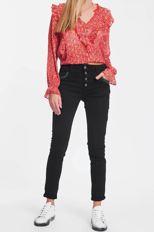 Pantalon boyfriend noir avec le détail de poche de sequin - Pantalons