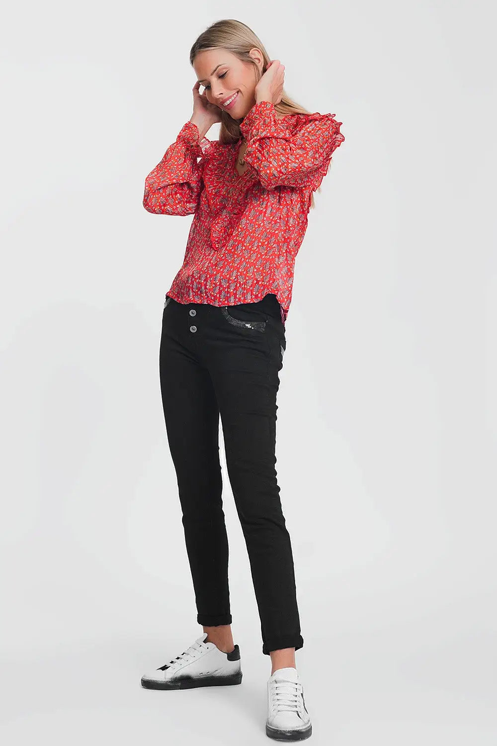 Pantalon boyfriend noir avec le détail de poche de sequin - Pantalons