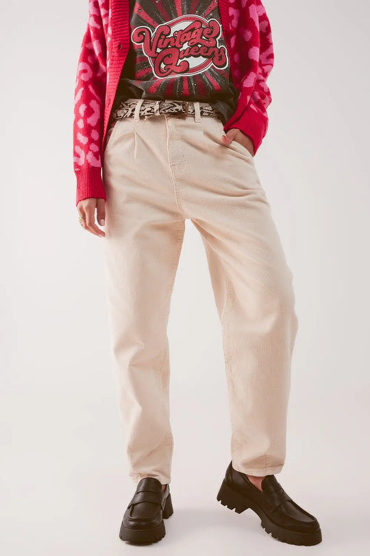 Pantalon coupe large en velours côtelé cream - Pantalons