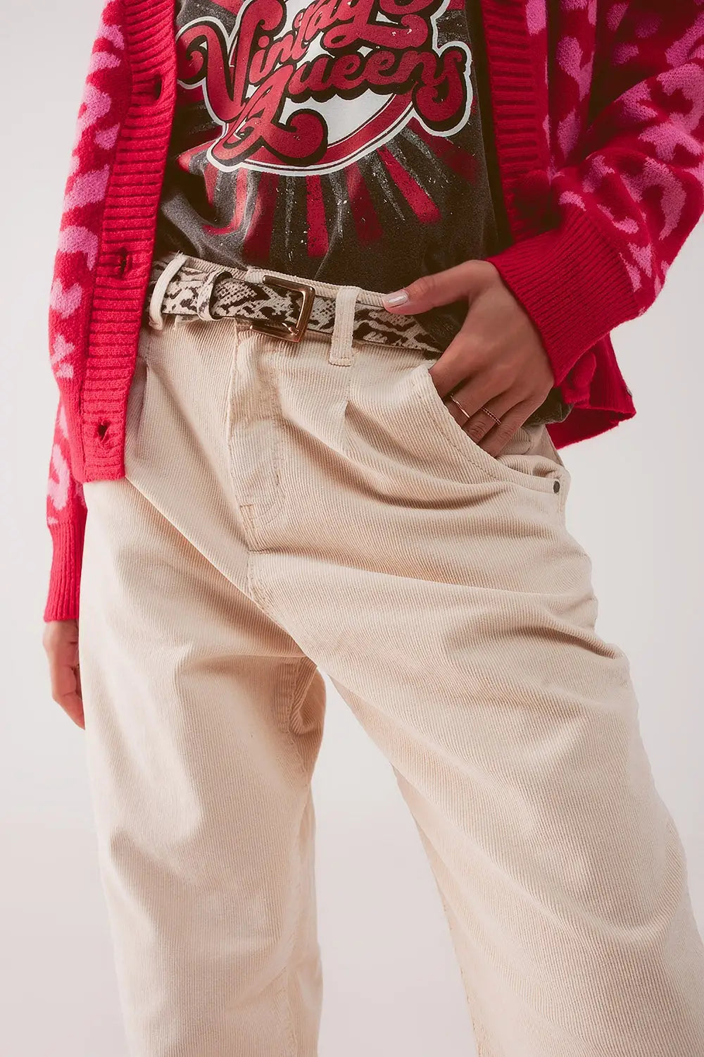 Pantalon coupe large en velours côtelé cream - Pantalons