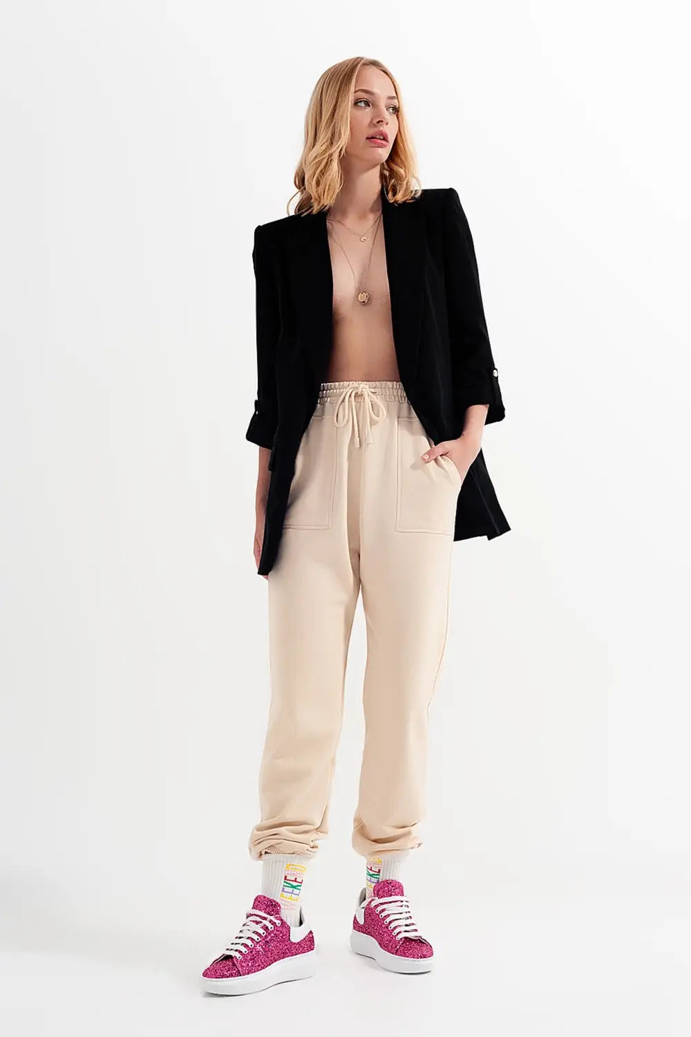 Pantalon de jogging avec bande élastique à la taille beige - Pantalons