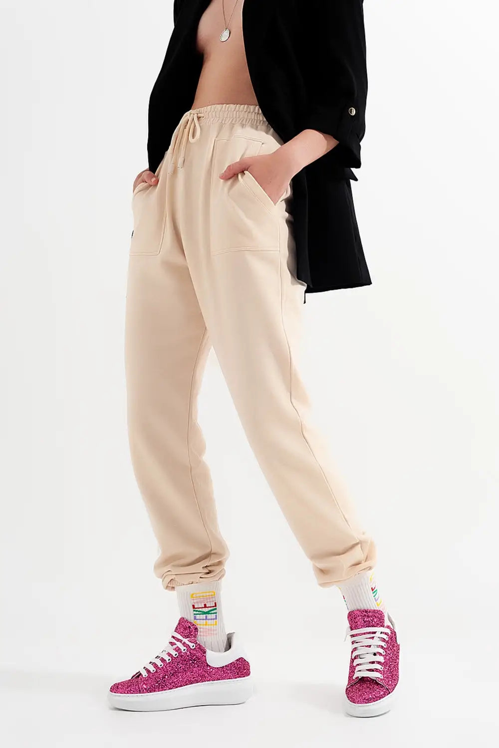 Pantalon de jogging avec bande élastique à la taille beige - Pantalons