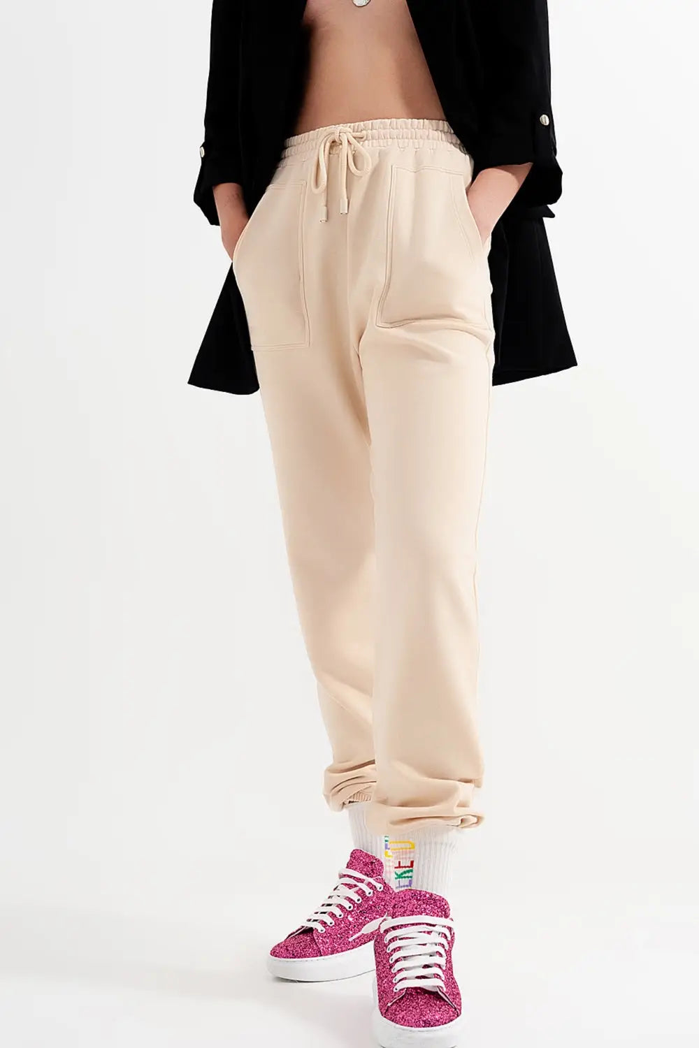 Pantalon de jogging avec bande élastique à la taille beige - Pantalons