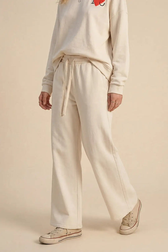 Q2 Pantalon de survêtement à coupe droite en tricot crème avec taille élastique et cravate