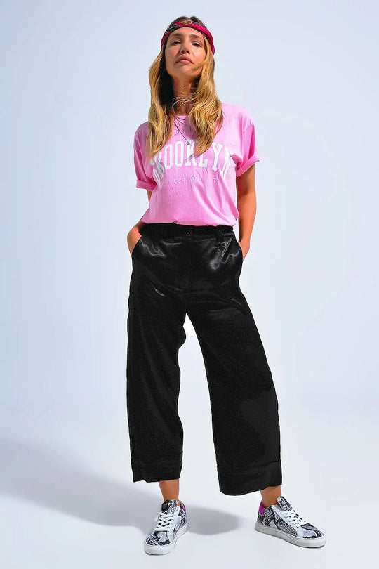 Pantalon de tailleur large en satin noir - Pantalons