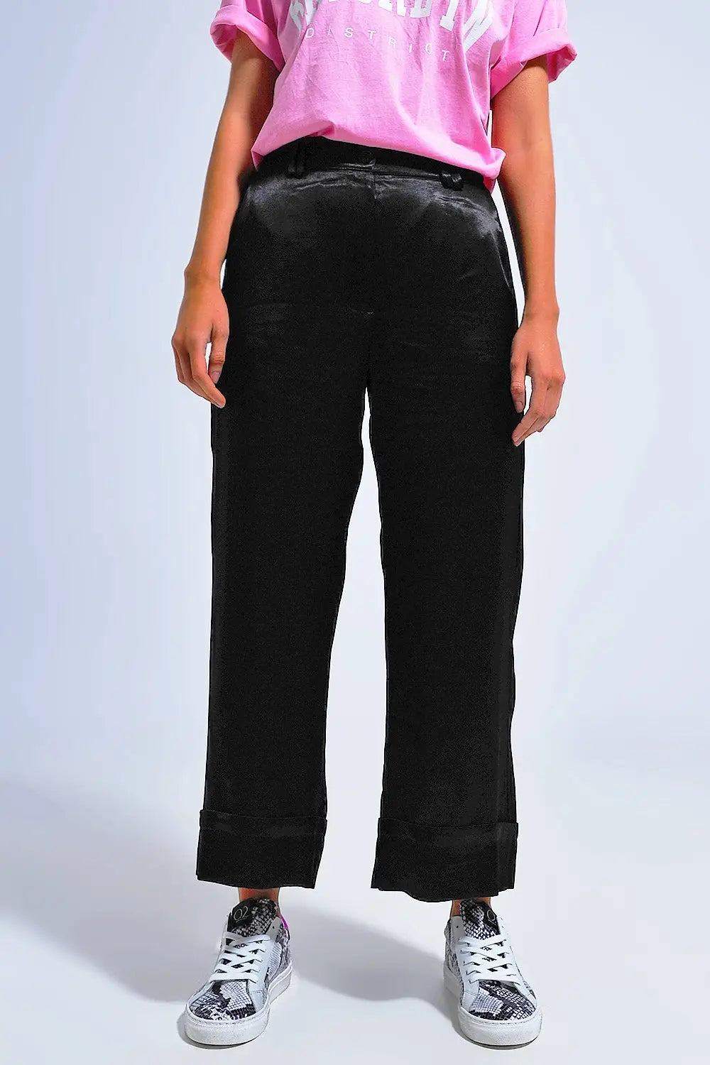 Pantalon de tailleur large en satin noir - Pantalons