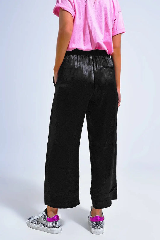 Pantalon de tailleur large en satin noir - Pantalons