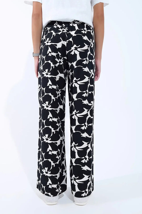 Pantalon droit à imprimé floral hawaïen en noir et blanc - Pantalons