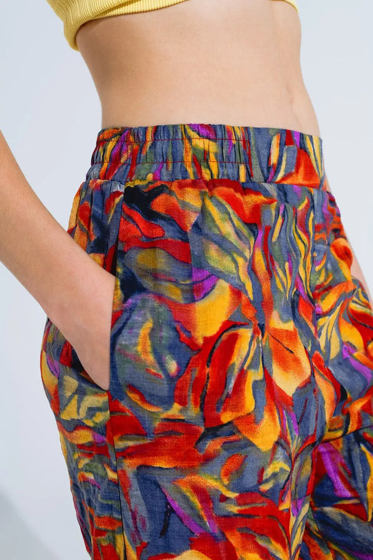 Pantalon droit à imprimé floral multicolore en nuances de rouge - Pantalons