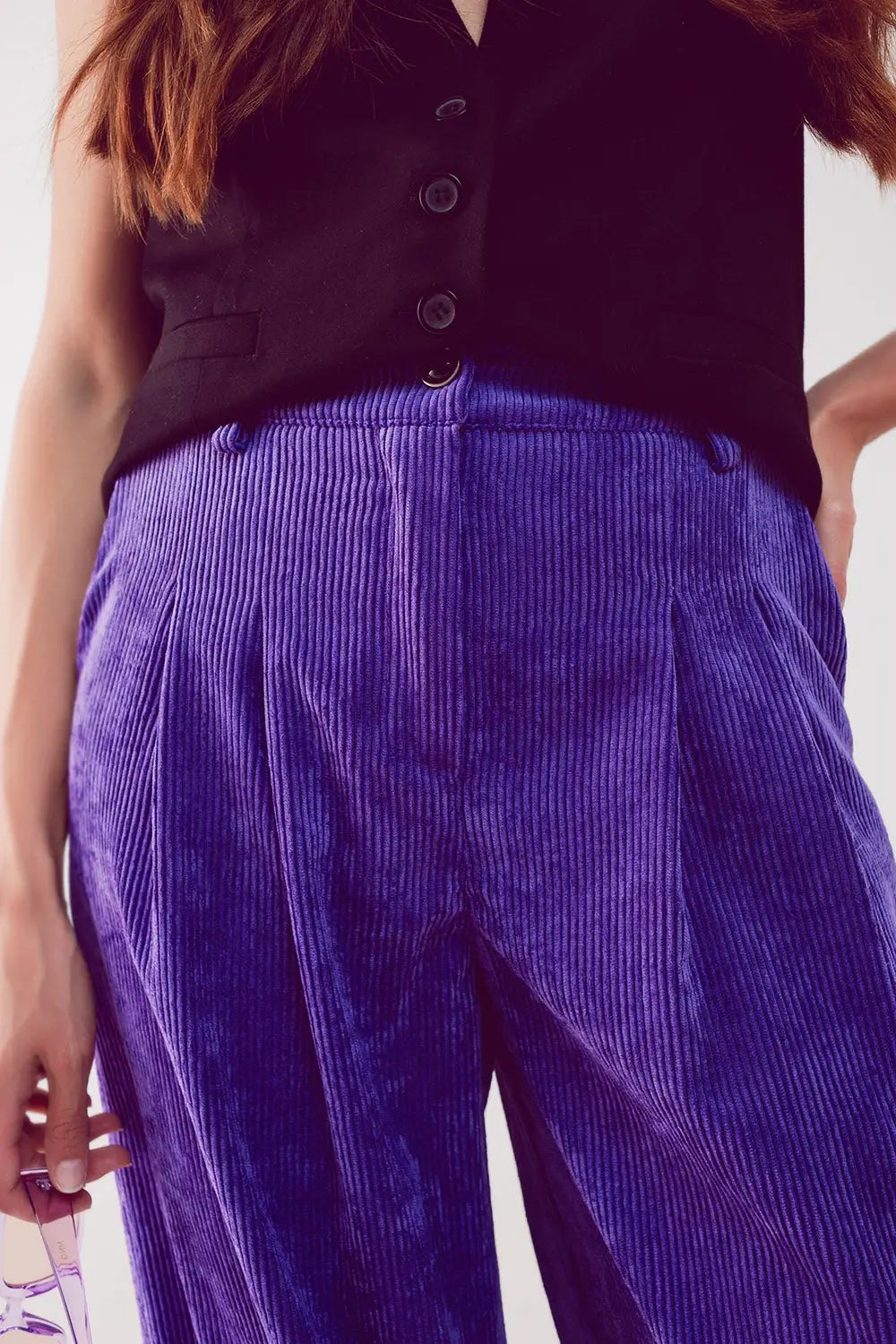 Pantalon droit à taille haute en velours côtelé violet - Pantalons