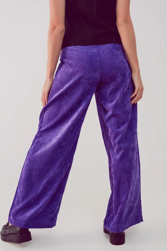 Pantalon droit à taille haute en velours côtelé violet - Pantalons