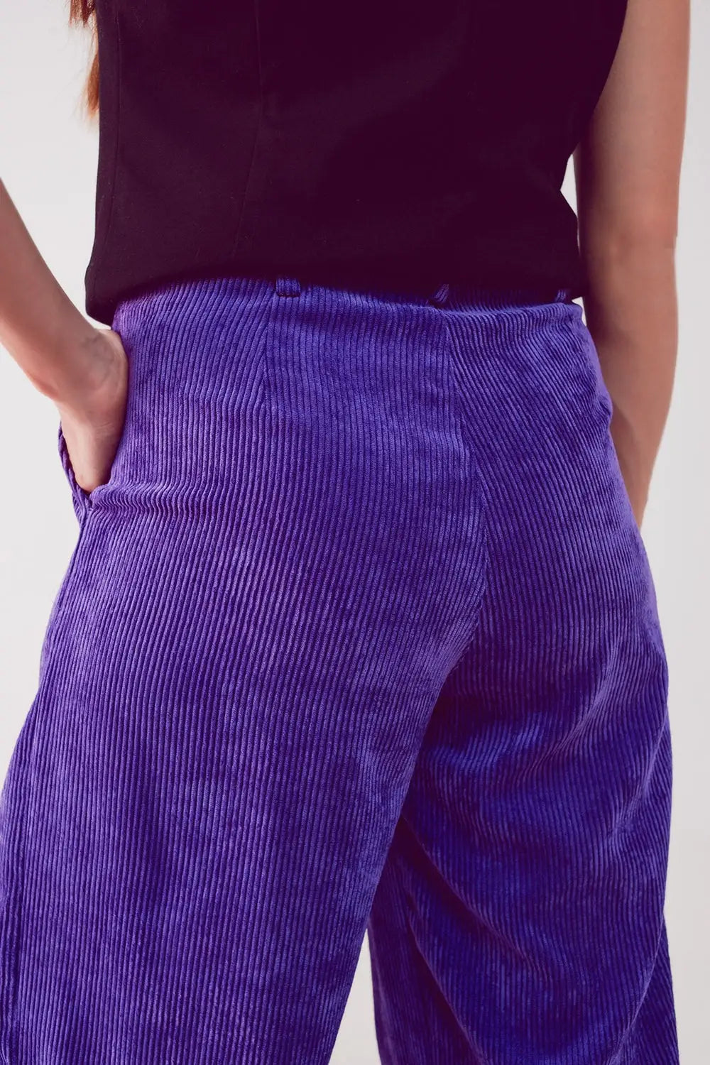 Pantalon droit à taille haute en velours côtelé violet - Pantalons