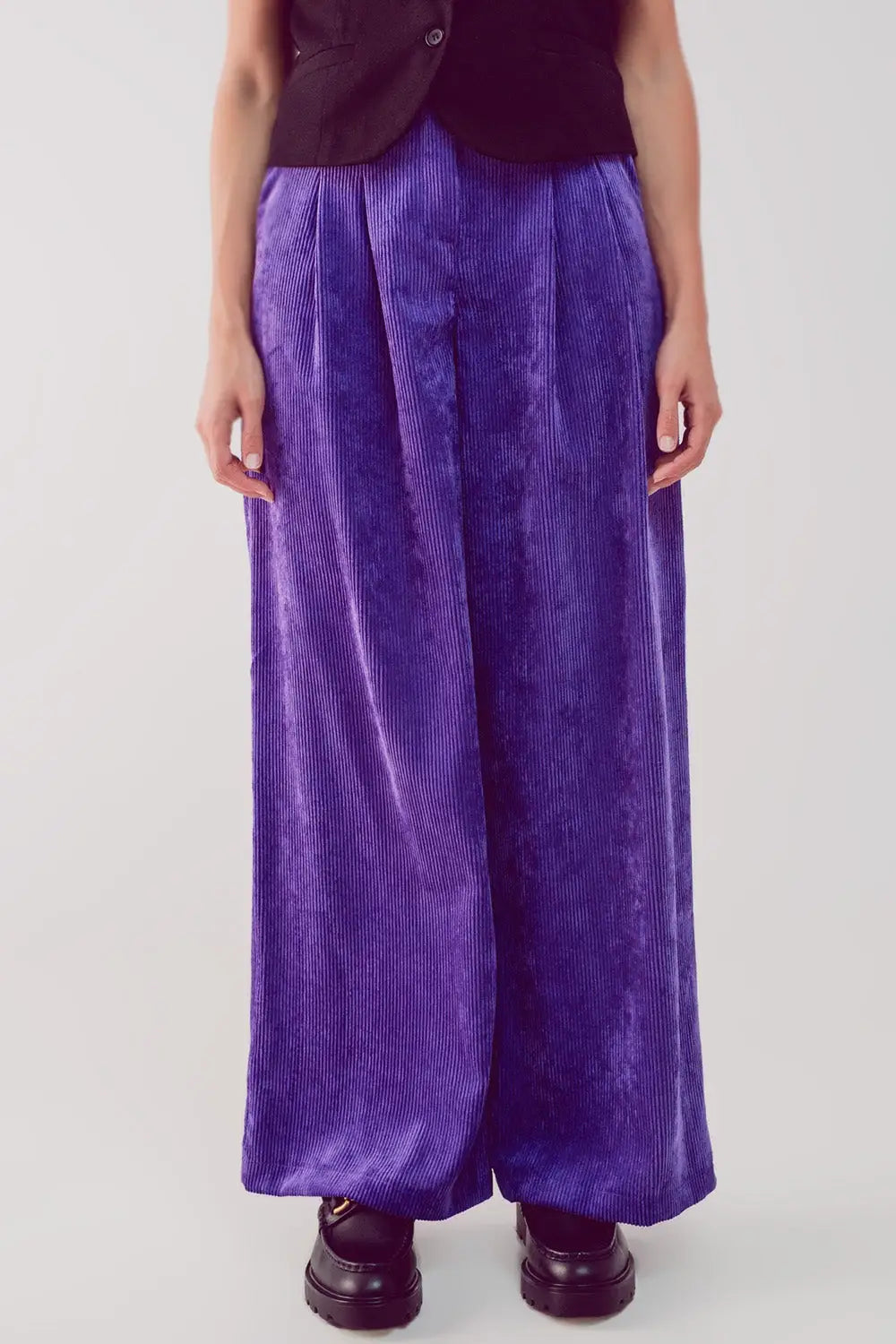 Pantalon droit à taille haute en velours côtelé violet - Pantalons