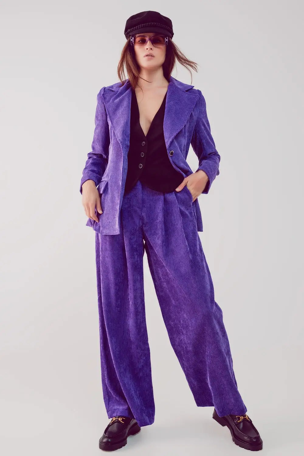 Pantalon droit à taille haute en velours côtelé violet - Pantalons