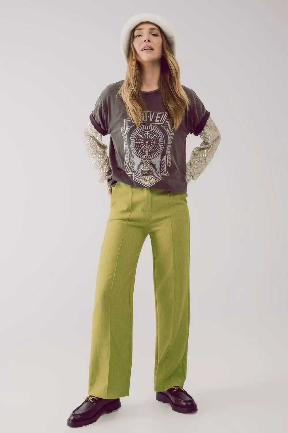 Pantalon droit ajusté vert - Pantalons
