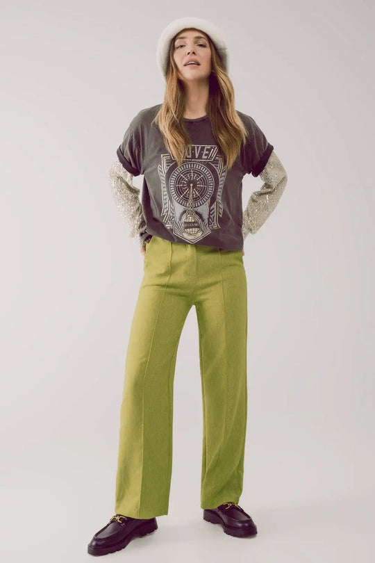 Pantalon droit ajusté vert - Pantalons