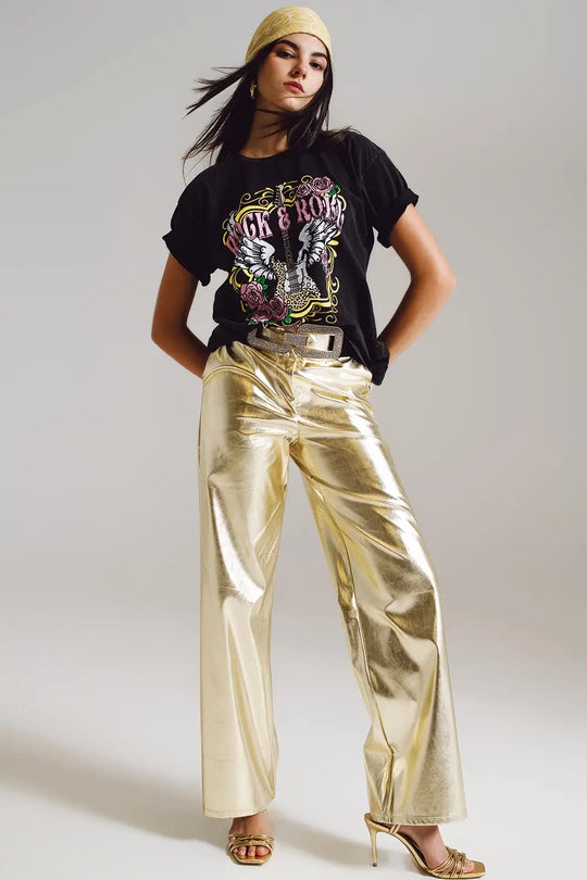 Pantalon droit métallique en couleur or - Pantalons