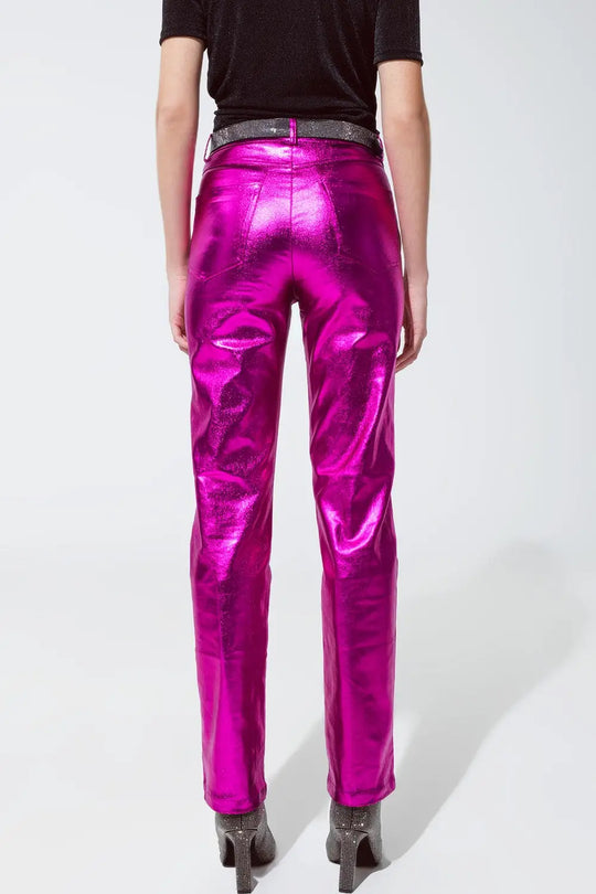 Pantalon droit métallisé Fuchsia - Pantalons