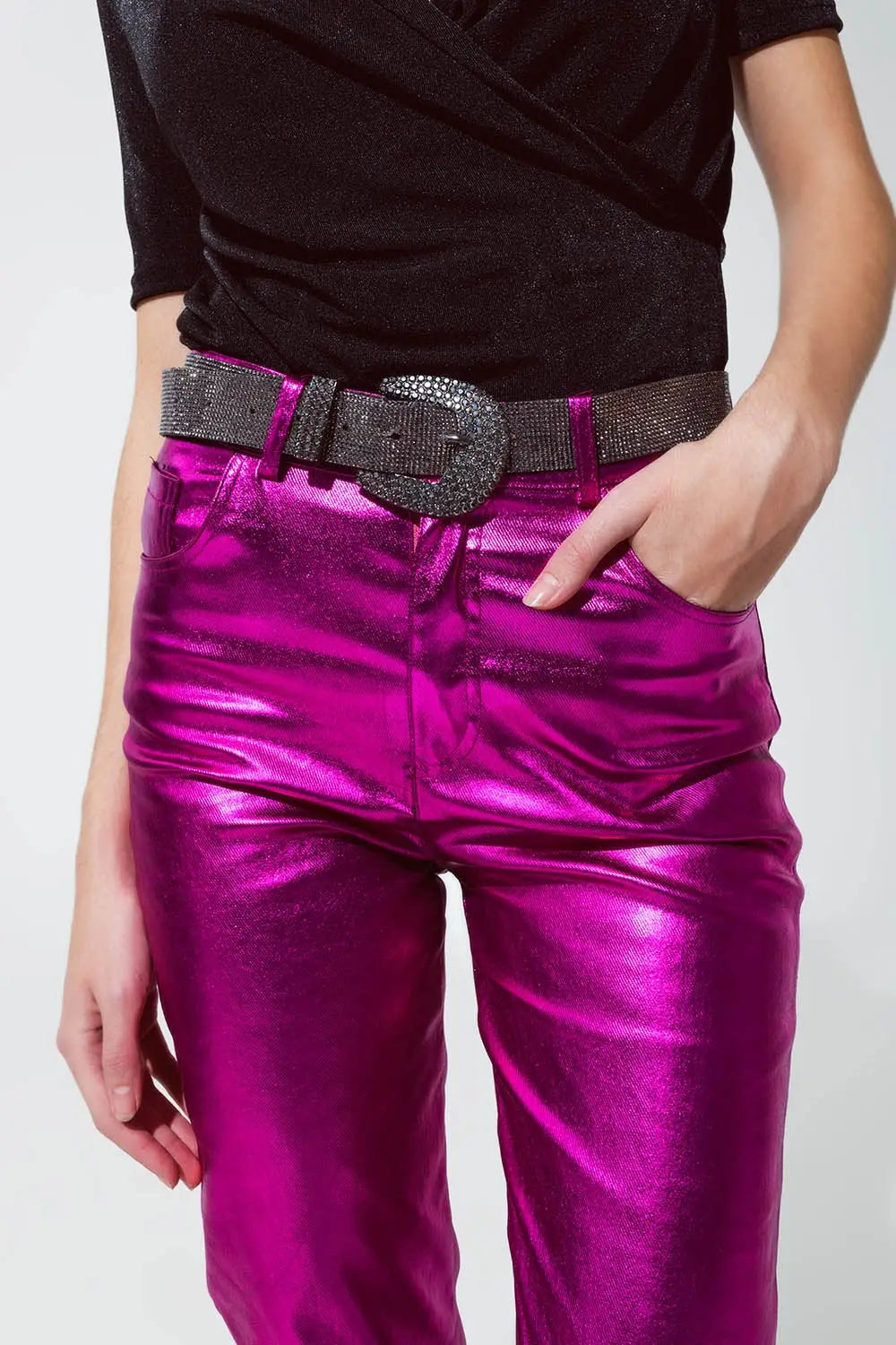 Pantalon droit métallisé Fuchsia - Pantalons