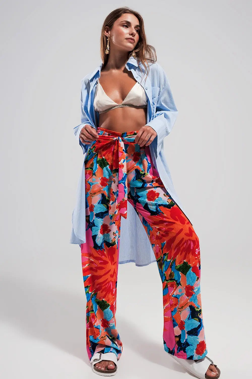 Pantalon élastique à l’arrière à imprimé fleuri vif - Pantalons