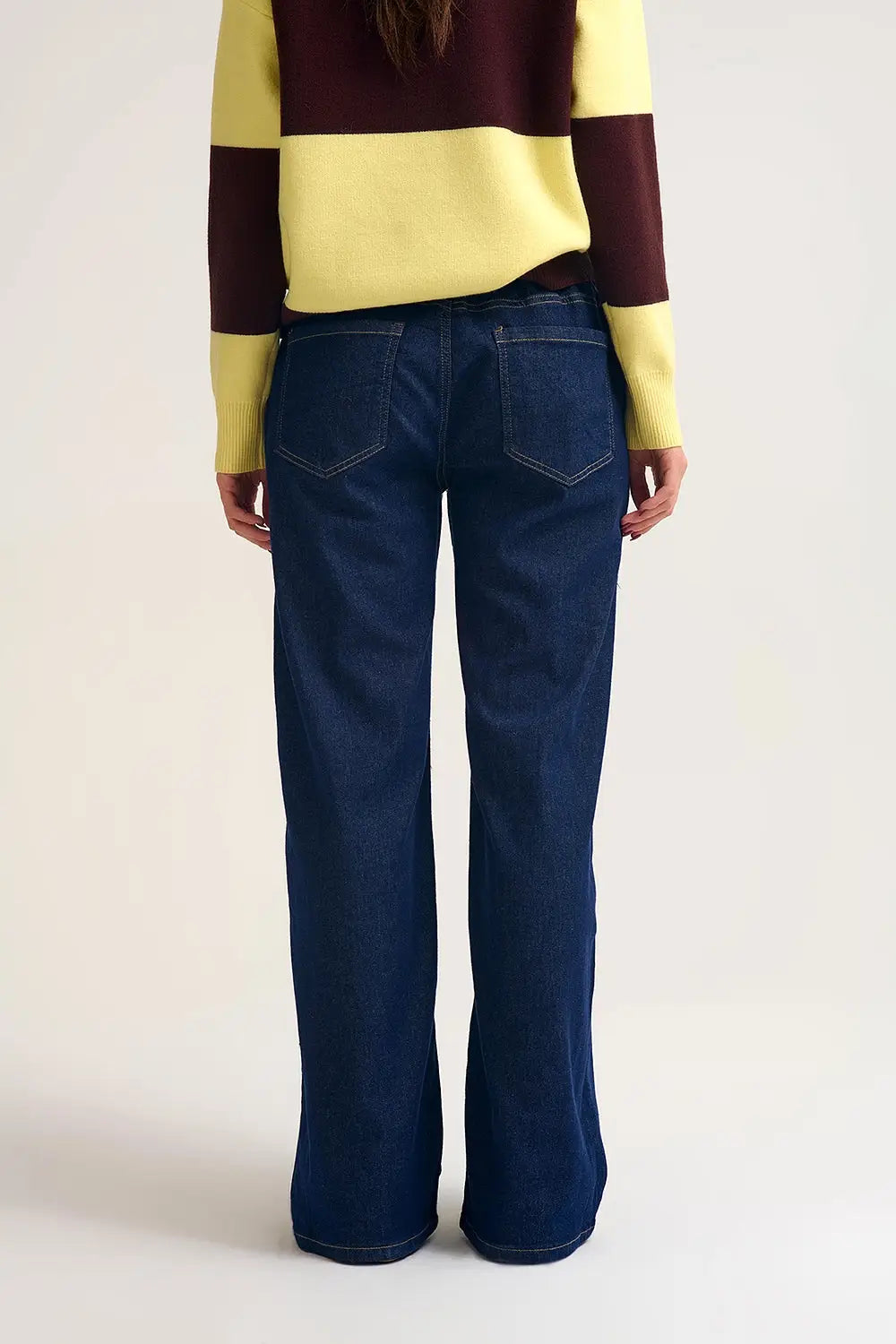 Pantalon en denim à large jambe et taille élastique ajustable en délavage foncé - Pantalons