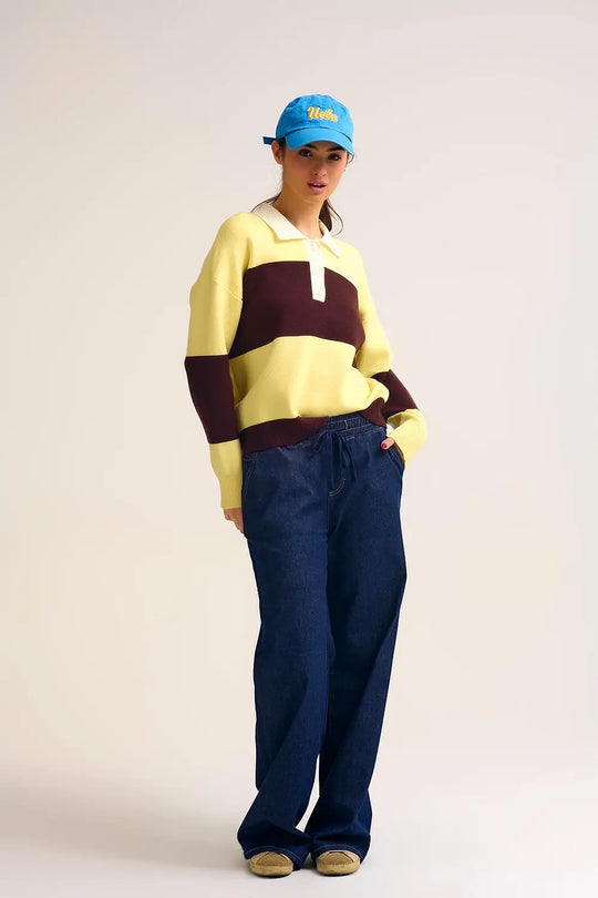 Pantalon en denim à large jambe et taille élastique ajustable en délavage foncé - Pantalons