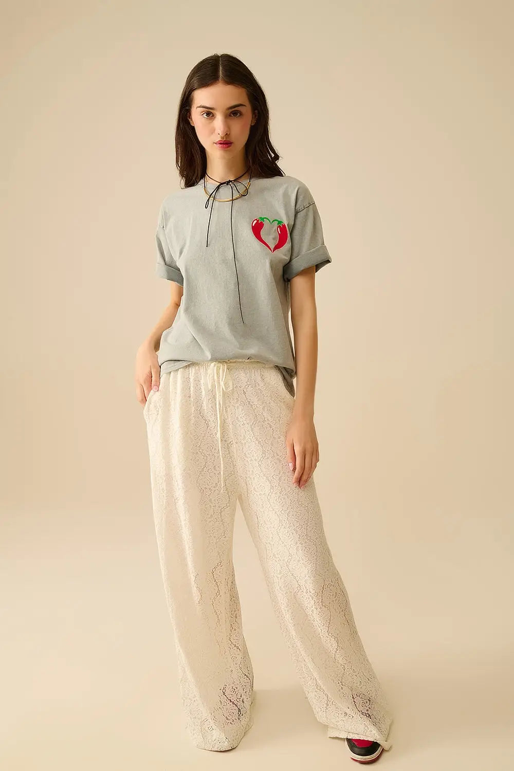 pantalon en dentelle à jambes larges avec ceinture élastique - Pantalons