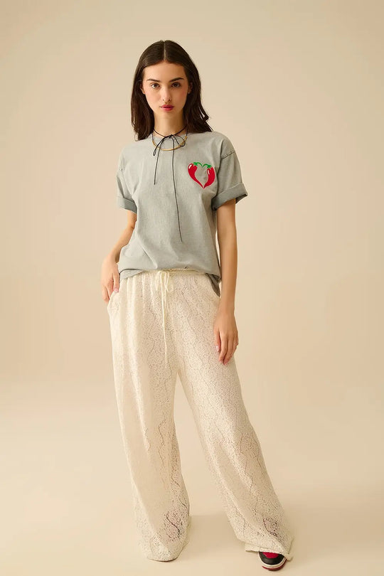 pantalon en dentelle à jambes larges avec ceinture élastique - Pantalons