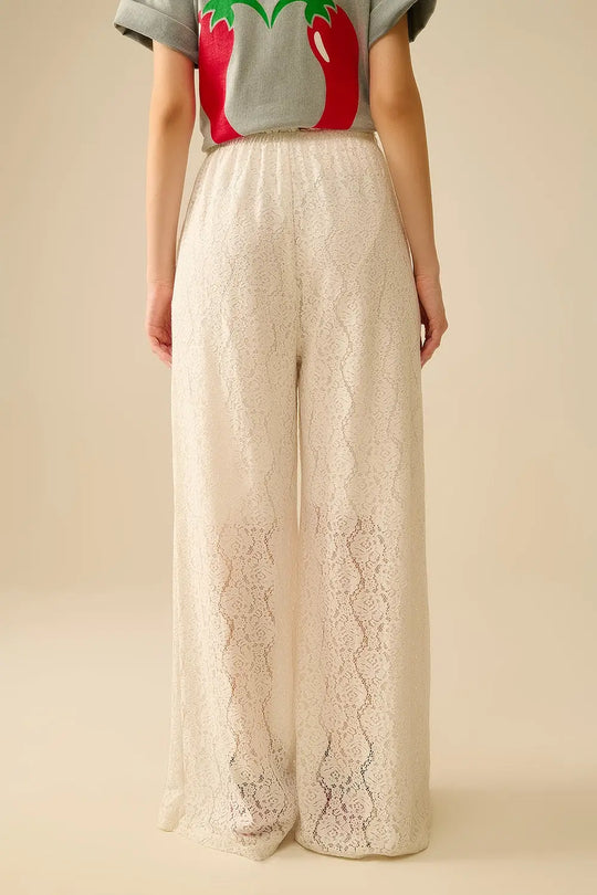 pantalon en dentelle à jambes larges avec ceinture élastique - Pantalons