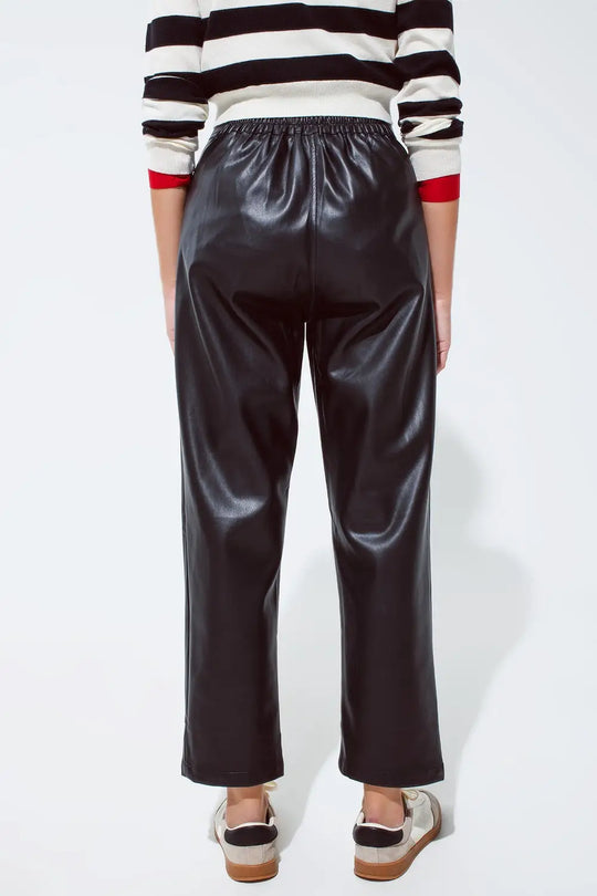 Pantalon en faux cuir avec plis et taille élastique - Pantalons