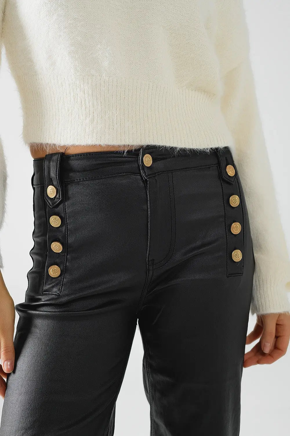 Pantalon en faux cuir noir avec boutons - Pantalons