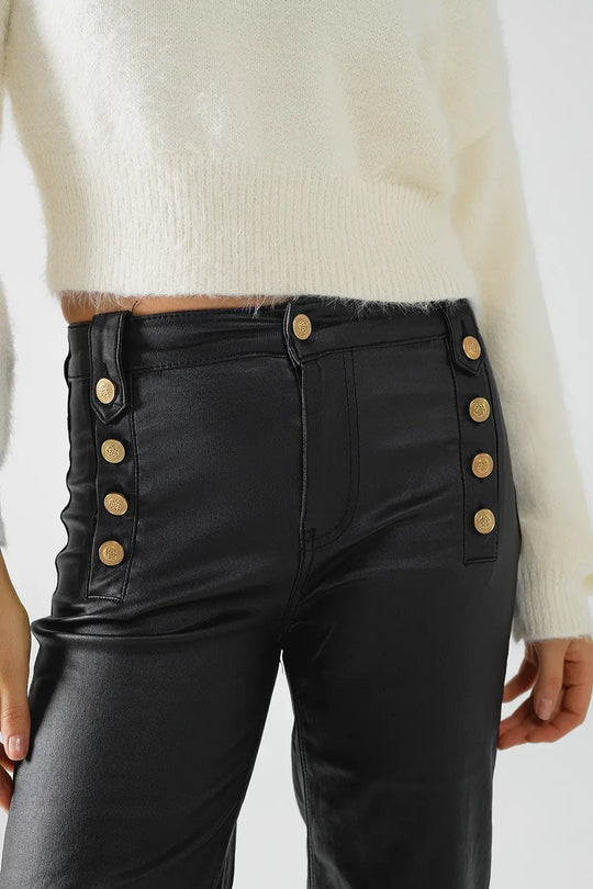 Pantalon en faux cuir noir avec boutons - Pantalons