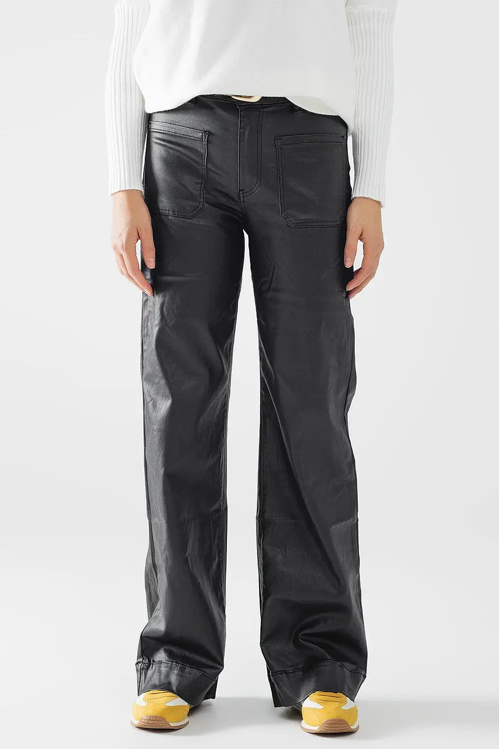Pantalon en simili-cuir avec jambe large et poches - Pantalons