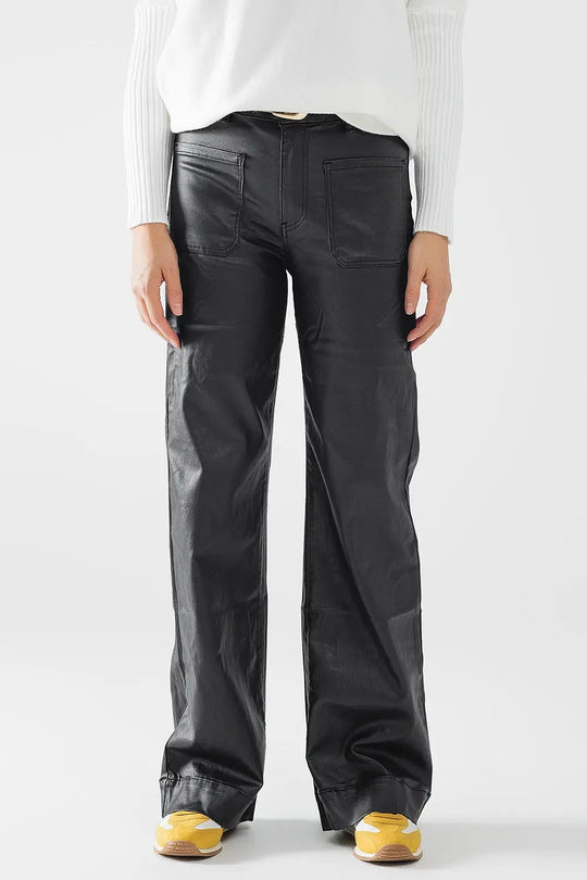 Pantalon en simili-cuir avec jambe large et poches - Pantalons